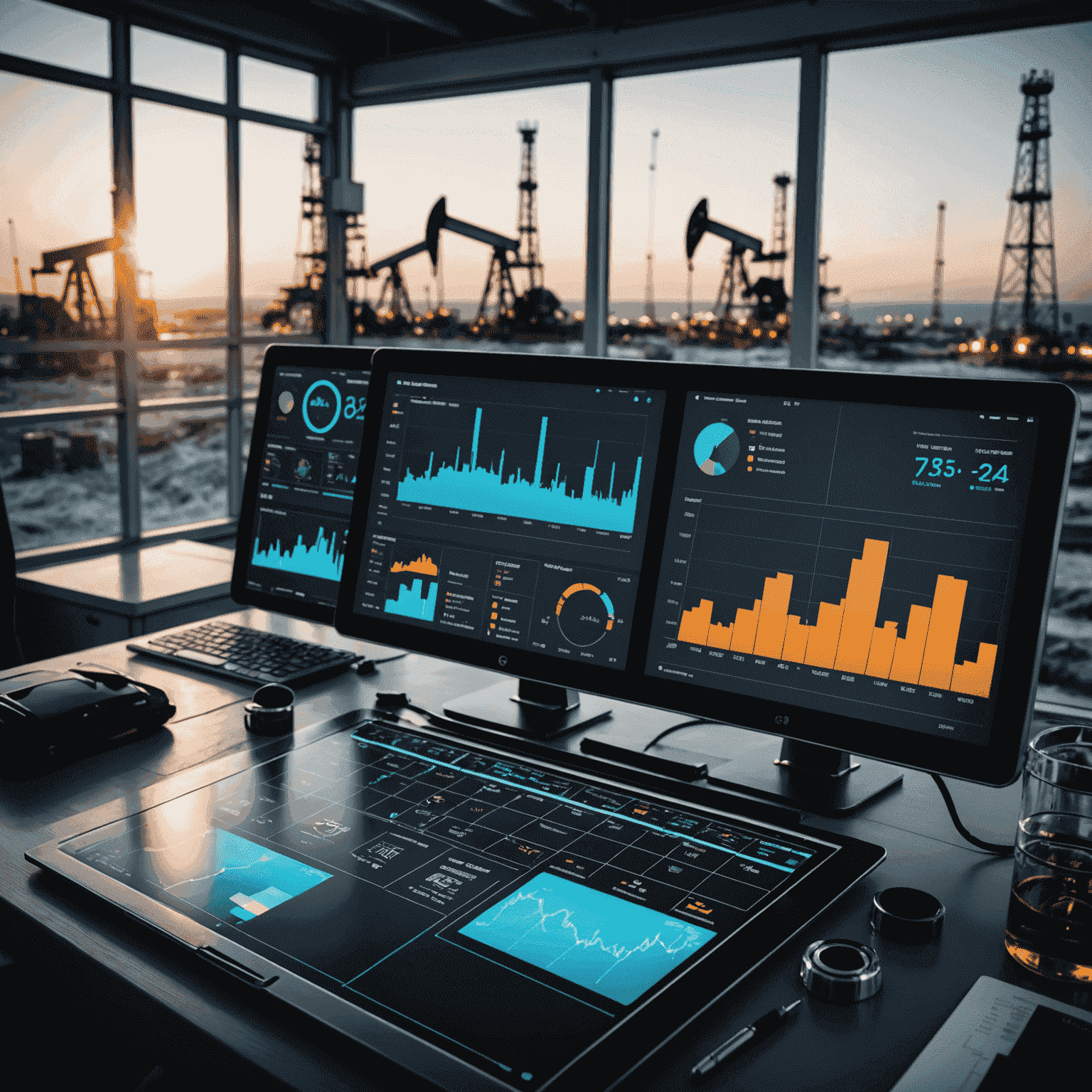 Visual representation of oil rigs and modern data analytics dashboards, symbolizing the latest industry trends in the oil and gas sector