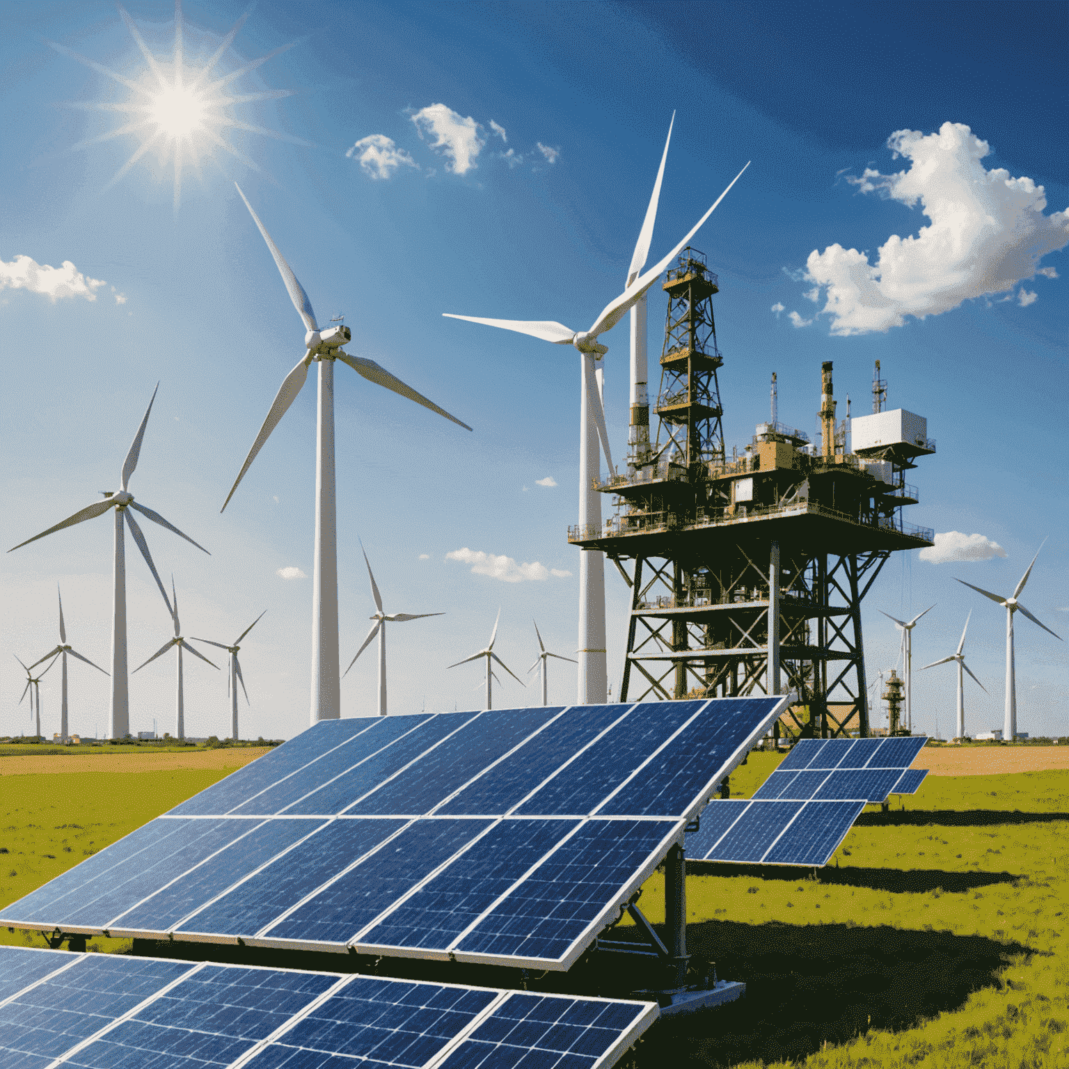 Oil rig with solar panels and wind turbines in the background, symbolizing the integration of renewable energy in the oil and gas industry