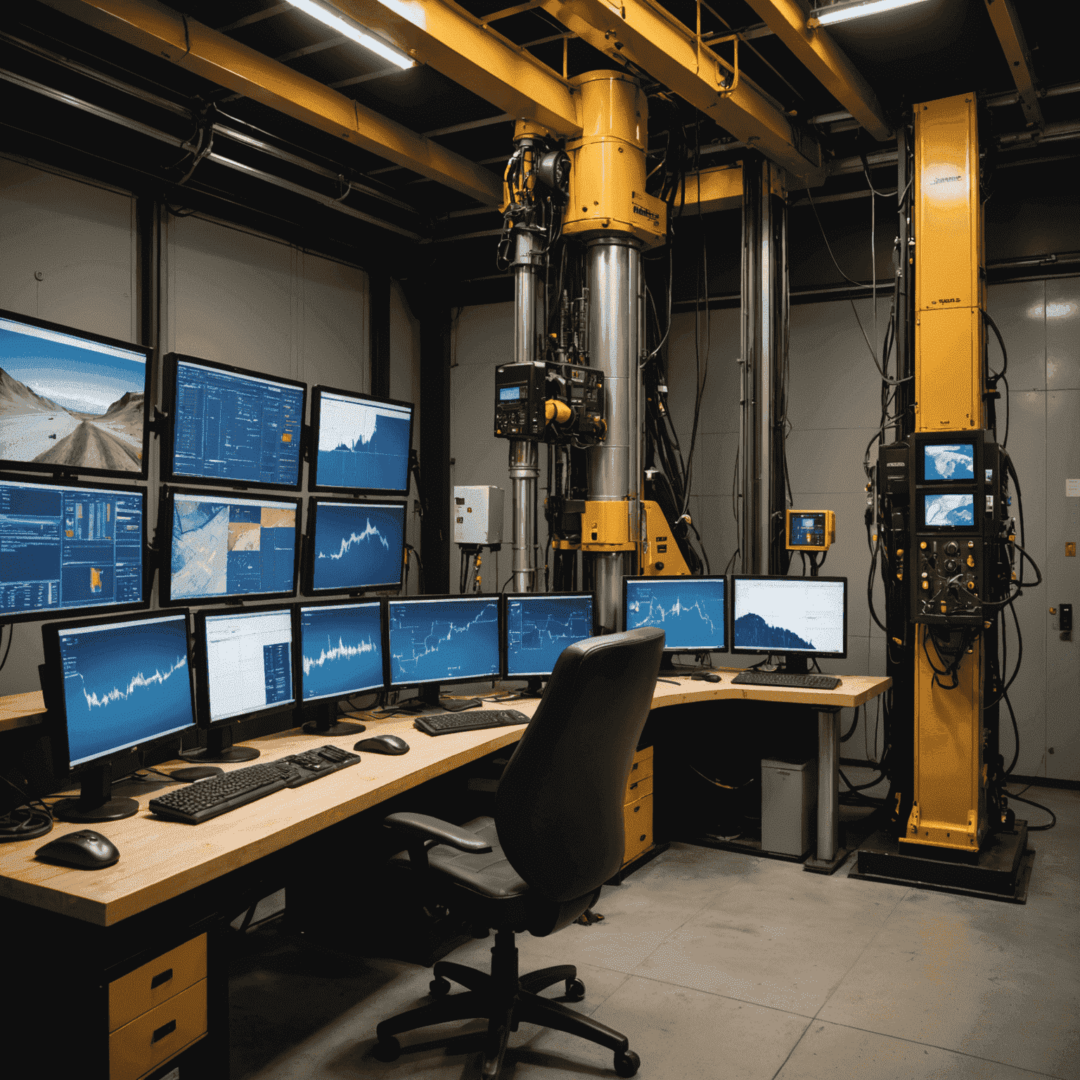 Advanced drilling rig with multiple computer screens showing real-time data analysis and 3D subsurface imaging