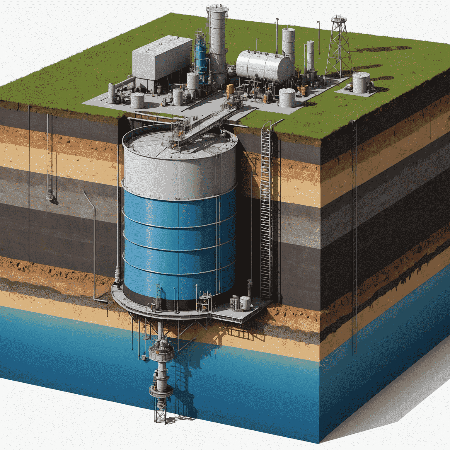 Diagram of an oil reservoir with various layers and well placements, showcasing advanced engineering techniques for optimizing production