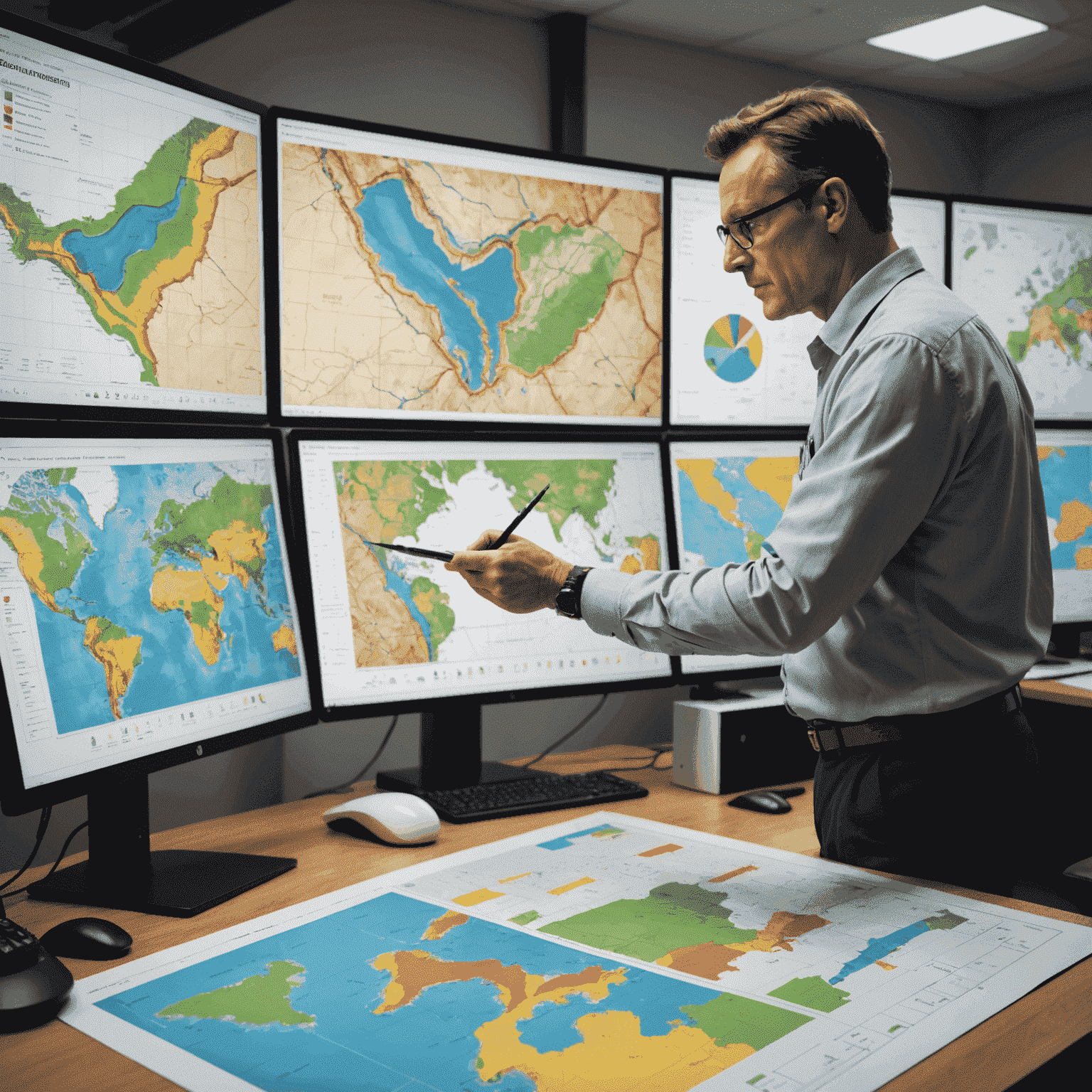 Reservoir engineer analyzing 3D model of an oil reservoir on multiple screens, surrounded by geological maps and core samples