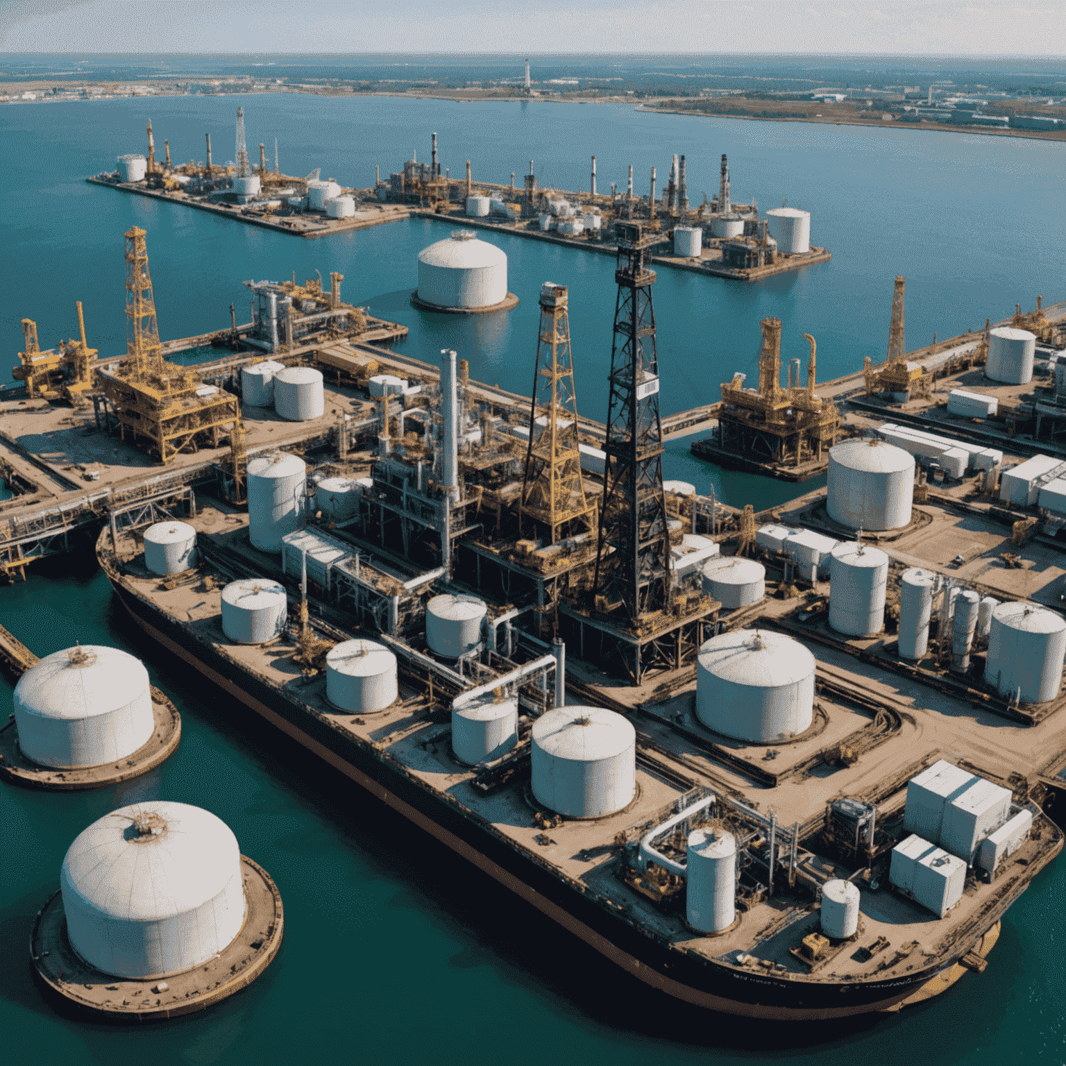 Oil and gas infrastructure with pipelines, storage tanks, and offshore platforms. The image showcases various assets that require integrity management in the oil and gas industry.