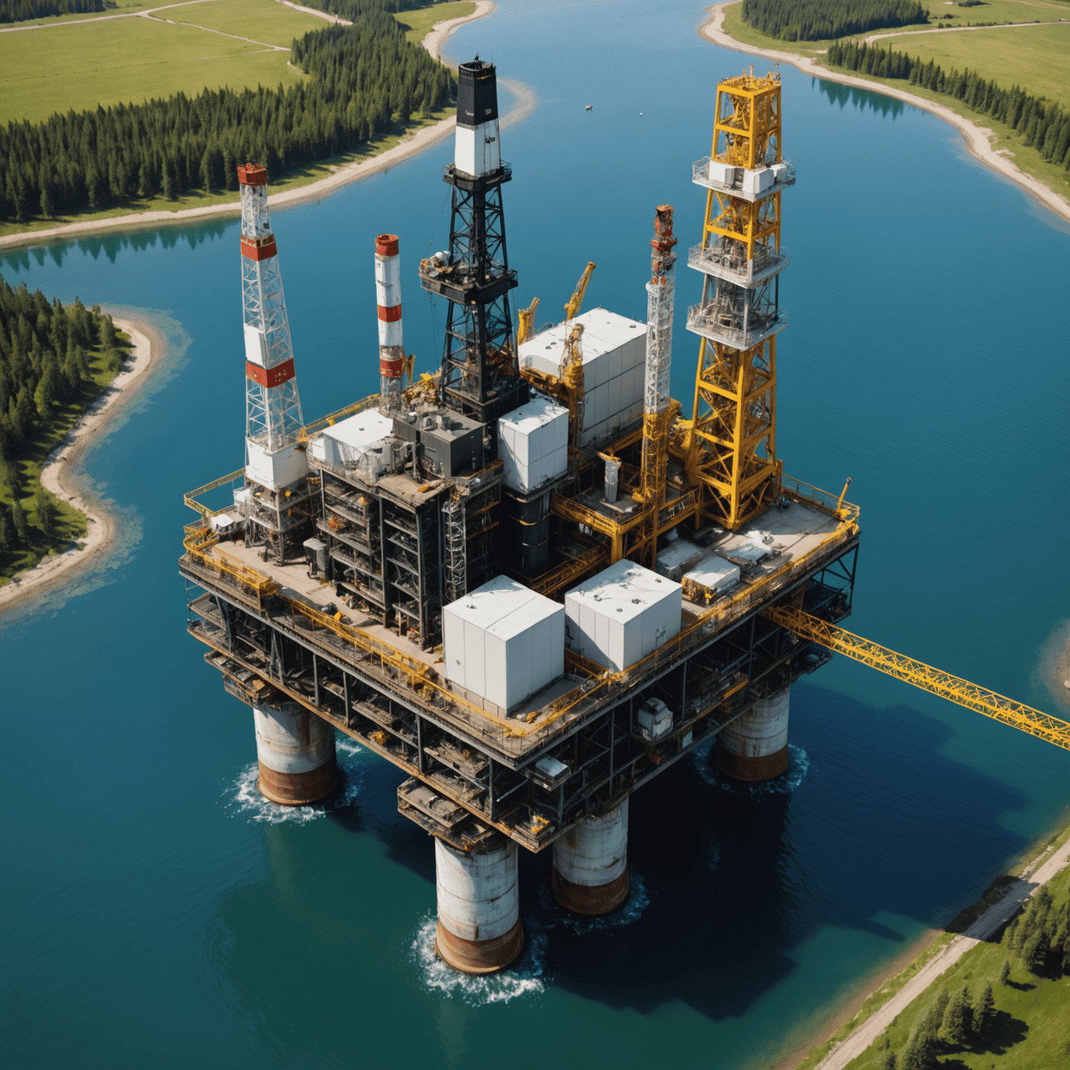 Oil rig with environmental protection measures in place, including water treatment facilities and emission control systems