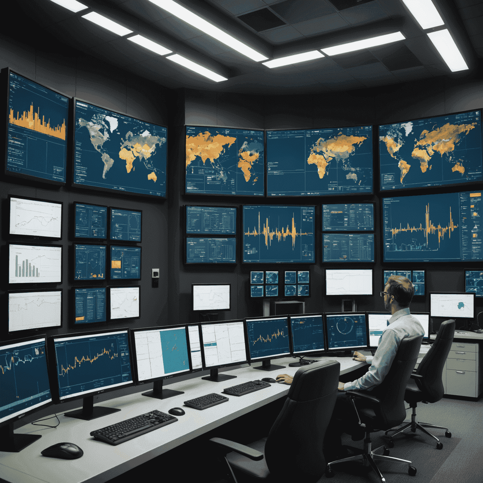 Advanced control room with multiple screens displaying real-time data analytics and 3D models of oil and gas facilities