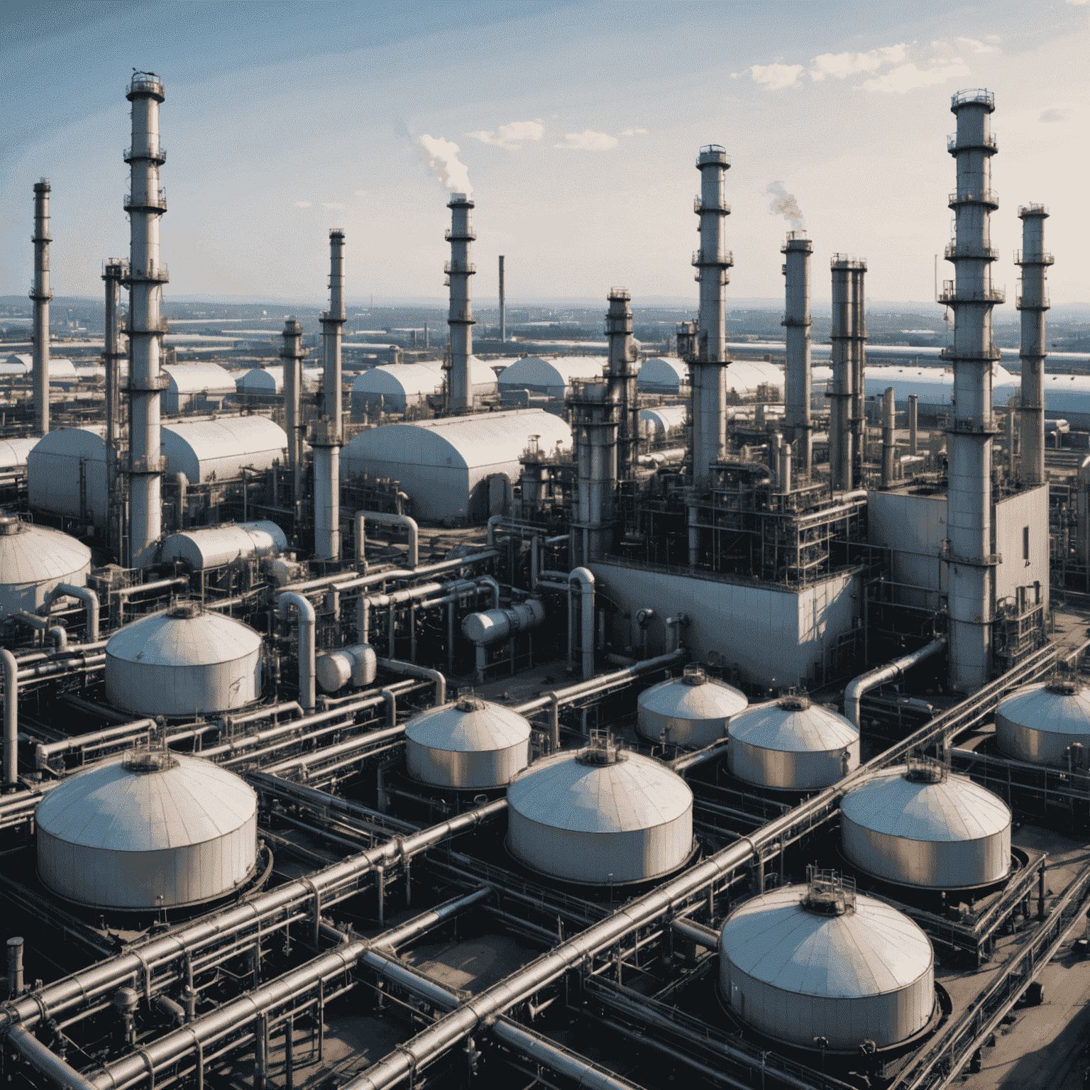 Oil refinery with numerous IoT sensors visible, connected to a central monitoring system displaying equipment health status