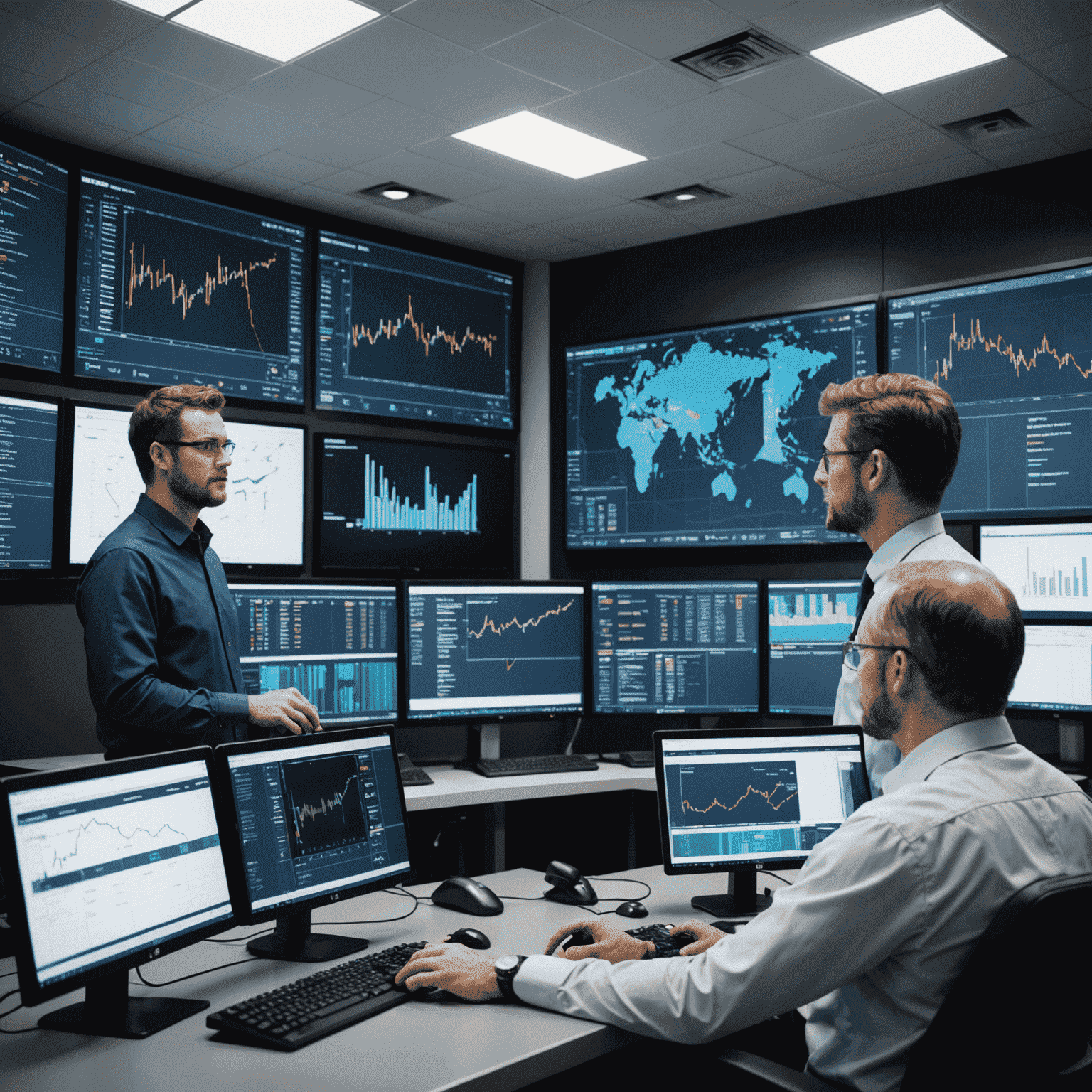 Project management team analyzing drilling data on large screens in a high-tech control room, showcasing real-time monitoring and decision-making capabilities