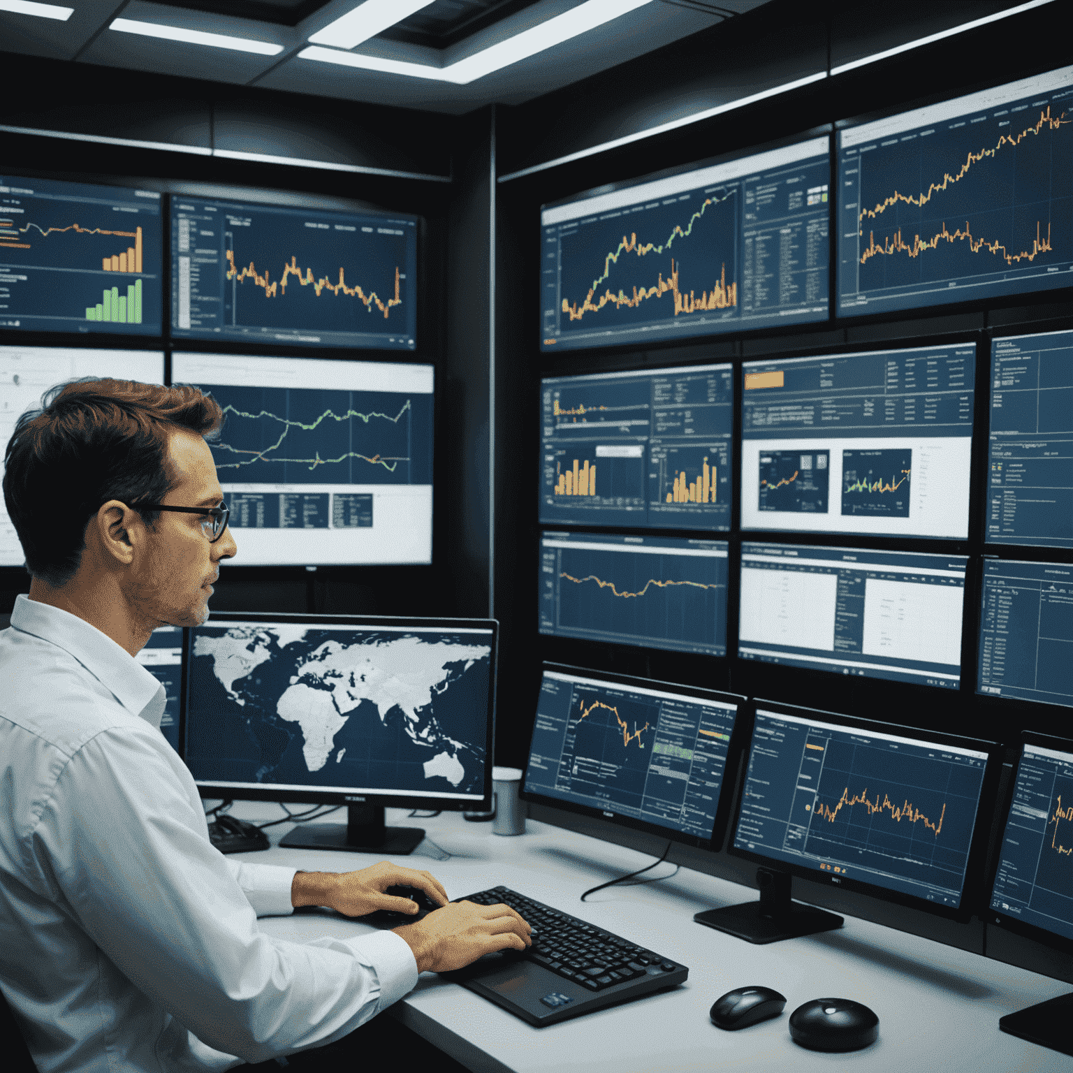 Engineers analyzing real-time production data on large screens in a high-tech control room, showcasing the integration of technology in oil and gas production optimization