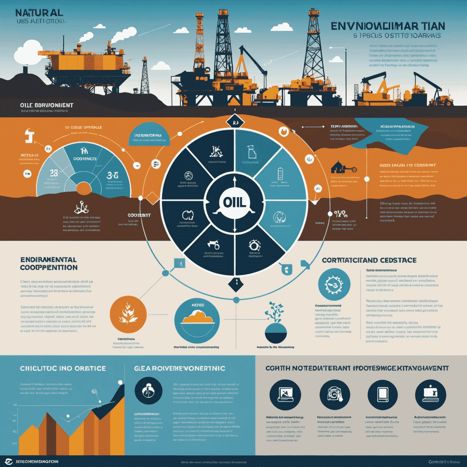 Infographic showing the process of environmental compliance in oil and gas operations, from initial assessment to continuous monitoring and improvement