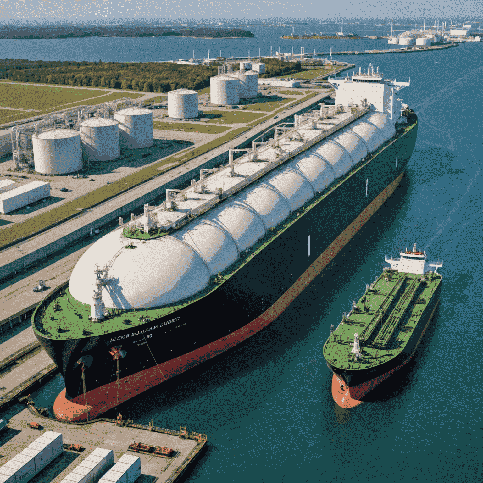 Large LNG tanker ship docked at a modern LNG terminal with storage tanks in the background