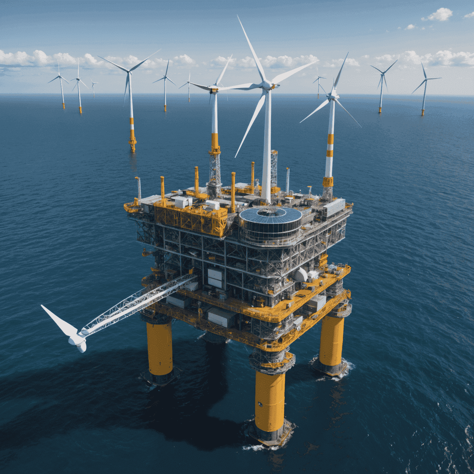 Offshore oil platform with large wind turbines and solar panels integrated into its structure