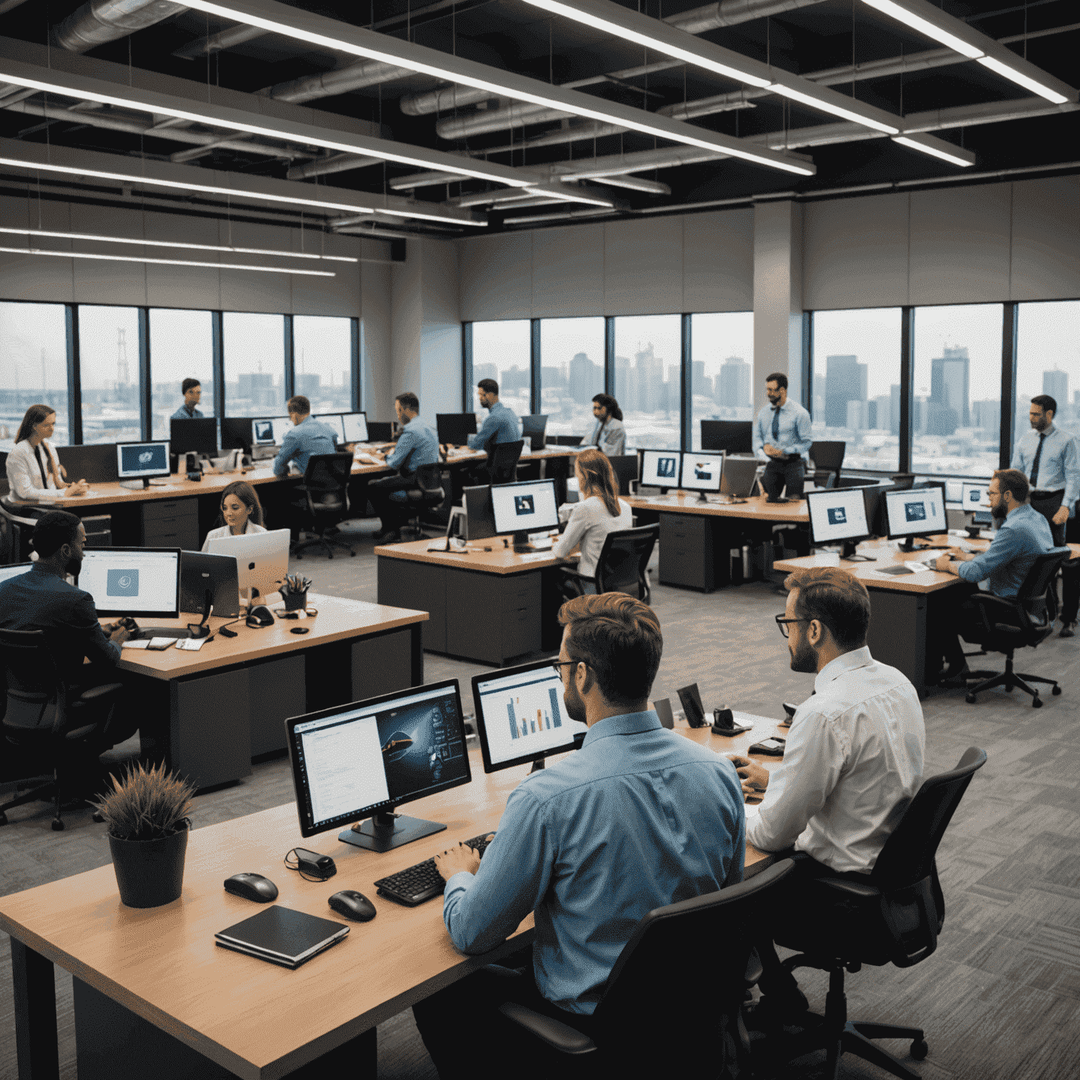 Diverse group of oil and gas professionals using advanced technology in a modern office setting, symbolizing the evolving workforce in the industry