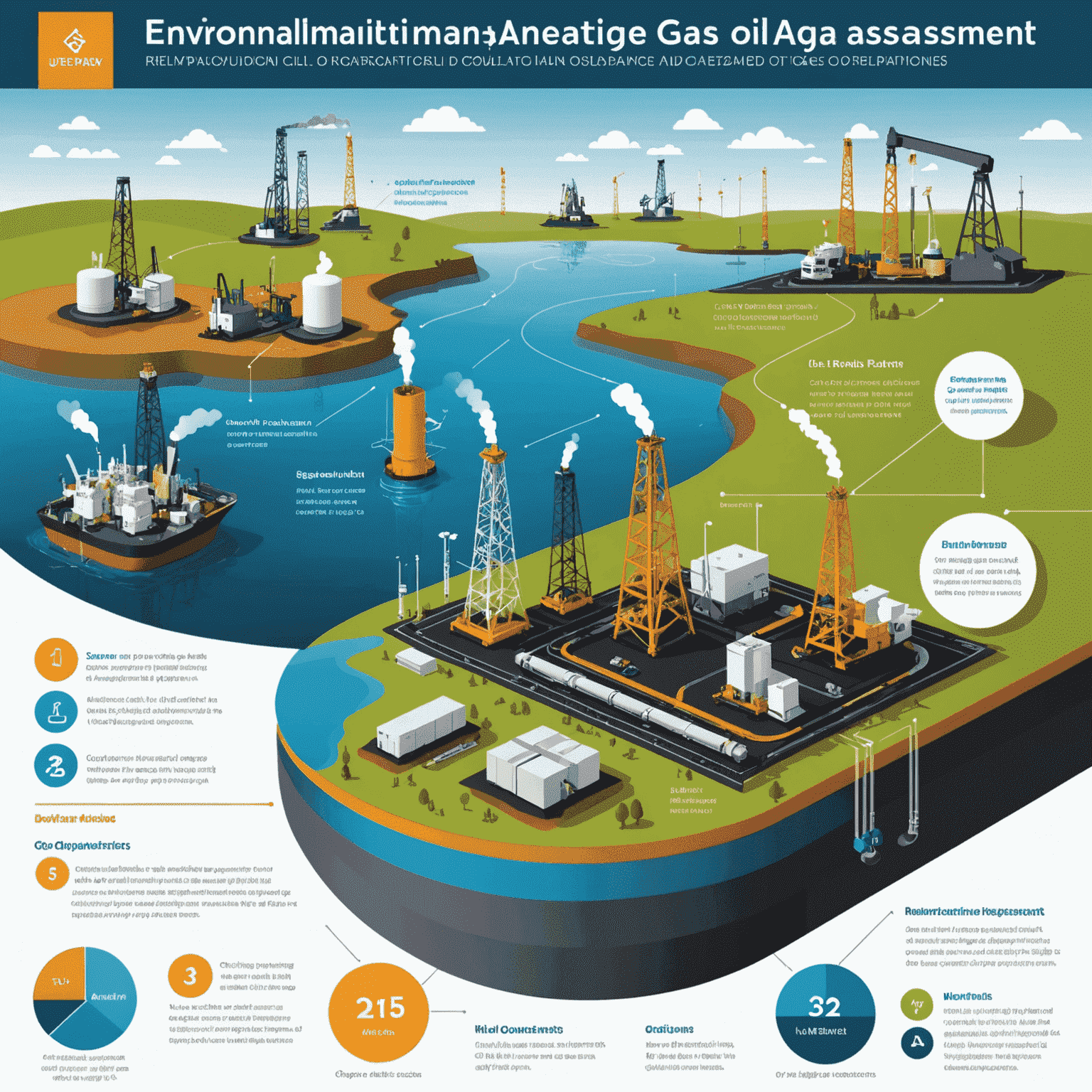 Infographic showing environmental impact assessment and compliance measures for oil and gas operations